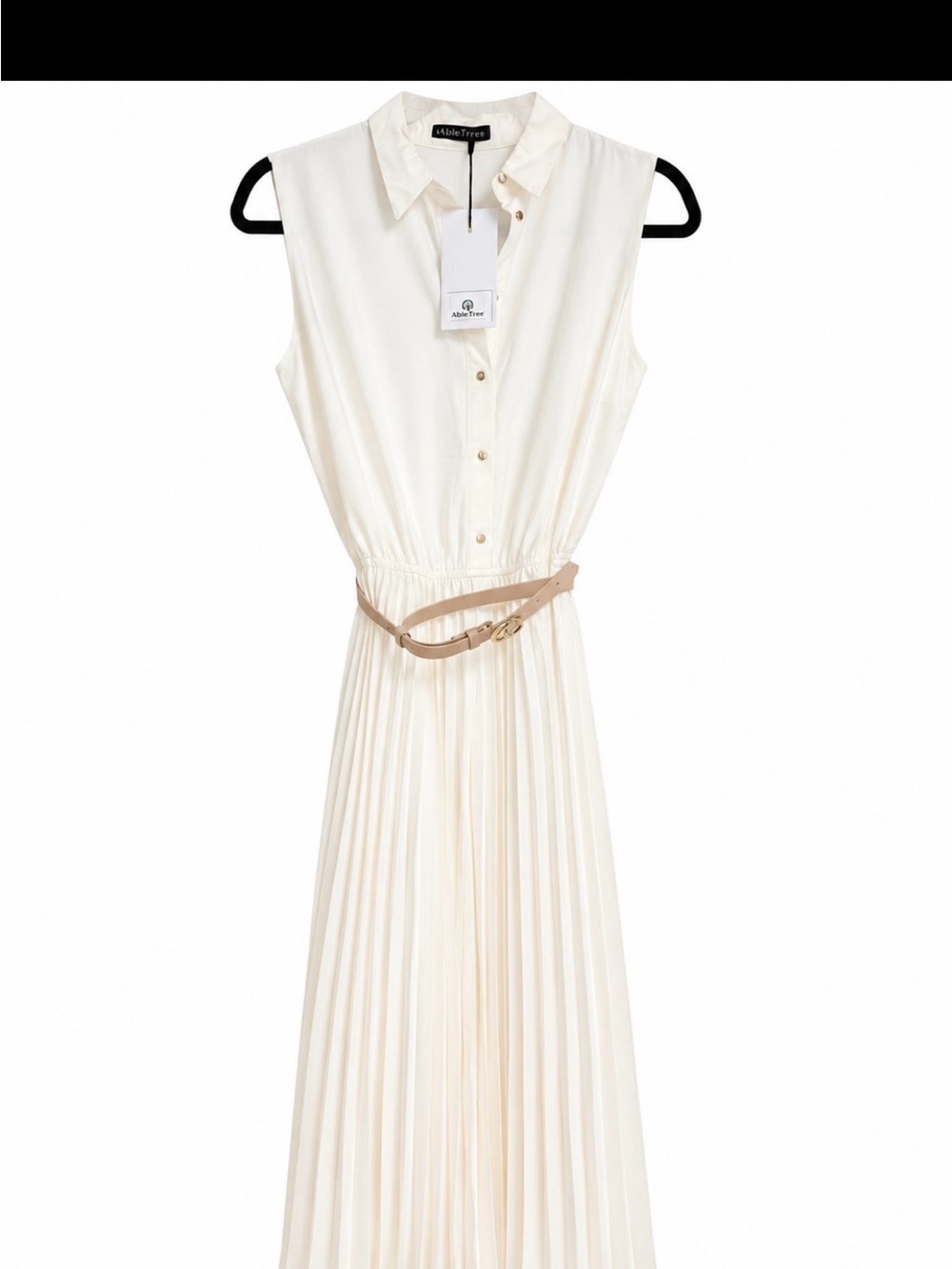 Sleeveless Cream Pleated Maxi Shirt Dress with Tan Belt